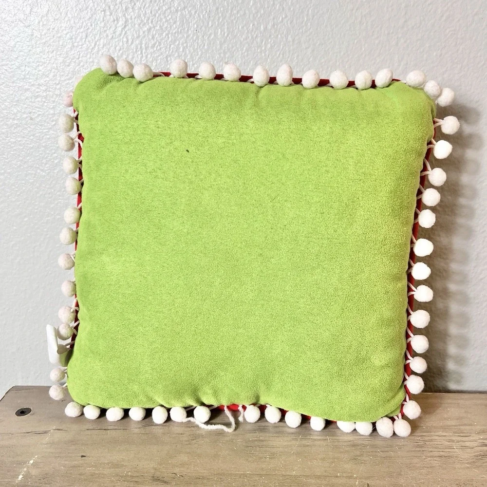 Vintage Christmas Dear Santa I Can Explain Pillow‎ Green Red Pom Pom 10x10 *FLAW